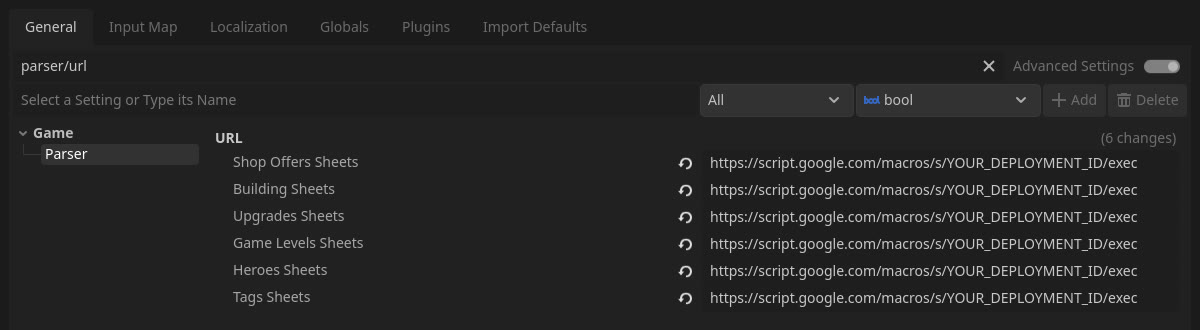 Parser URLs in the Project Settings